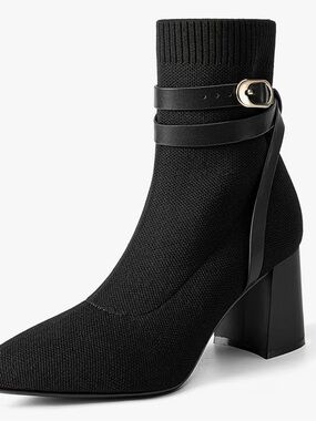 Black Knit Ankle Boot with Buckle Strap